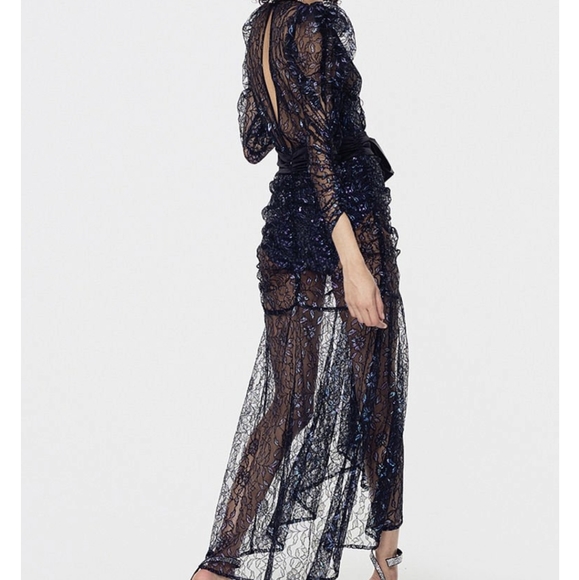 FOR LOVE & LEMONS Sequin & Metallic Navy Blue Rodin Sparkly Sheer Maxi Dress - Picture 6 of 13